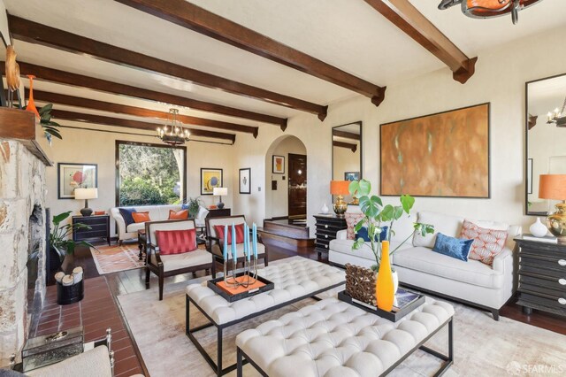 1475 Monterey Blvd, San Francisco, CA 94127 - living area featuring a chandelier, arched walkways, wood finished floors, and beam ceiling