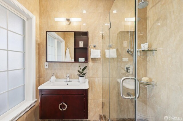 1475 Monterey Blvd, San Francisco, CA 94127 - bathroom featuring a stall shower, vanity, and tile walls