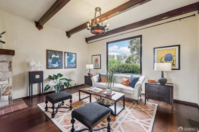 1475 Monterey Blvd, San Francisco, CA 94127 - living room featuring hardwood / wood-style flooring, beamed ceiling, a chandelier, and baseboards