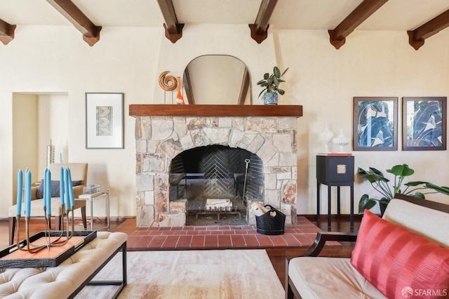 1475 Monterey Blvd, San Francisco, CA 94127 - living area with beam ceiling, wood finished floors, baseboards, and a fireplace