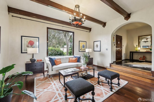 1475 Monterey Blvd, San Francisco, CA 94127 - living room featuring arched walkways, wood-type flooring, a chandelier, and beamed ceiling