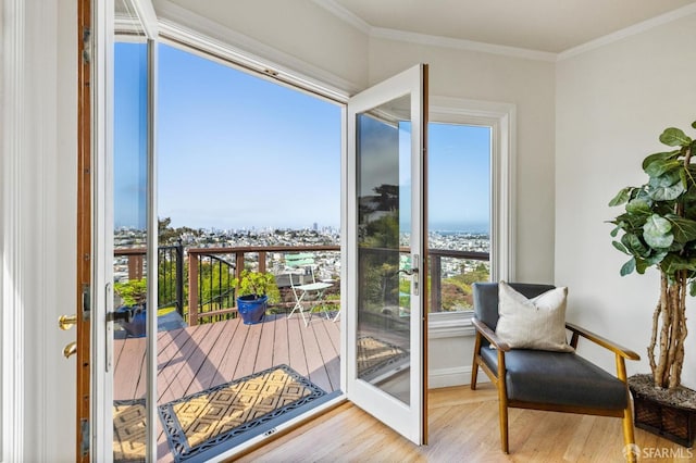 doorway to outside featuring baseboards, ornamental molding, and wood finished floors