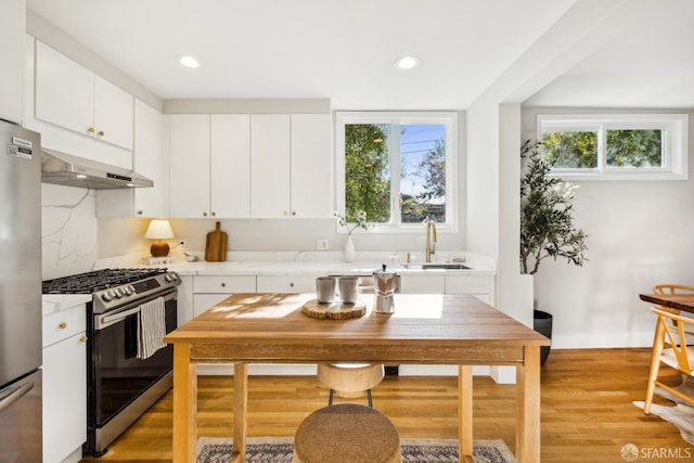 kitchen with sink, white cabinets, backsplash, stainless steel appliances, and light hardwood / wood-style flooring