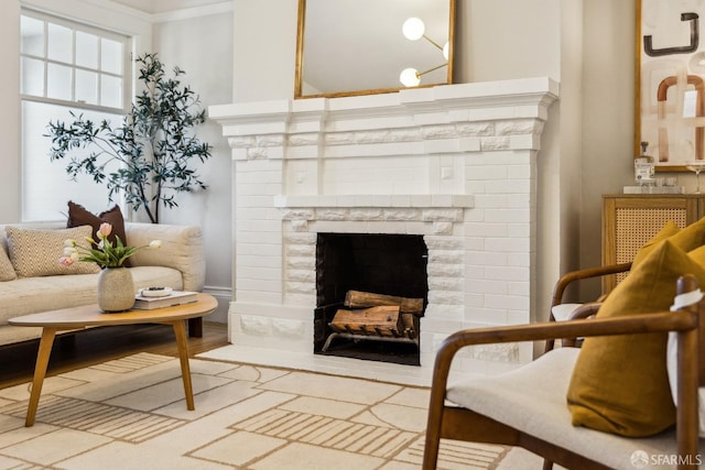 living area with a fireplace