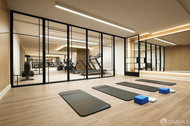 workout area with wood-type flooring