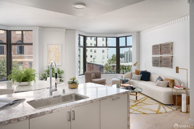 kitchen featuring white cabinets, light hardwood / wood-style floors, a healthy amount of sunlight, and sink