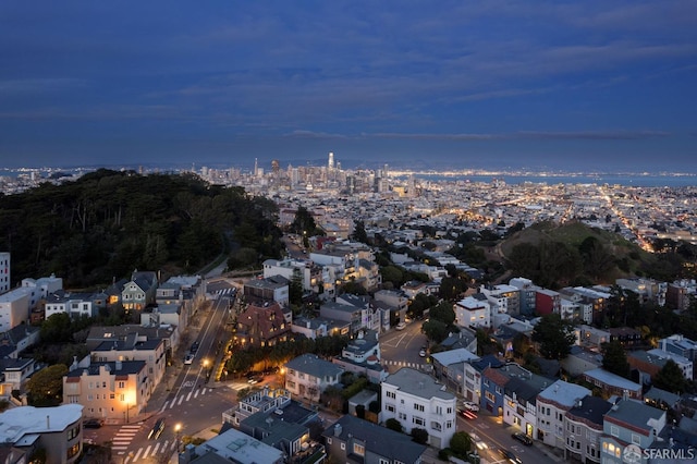 view of aerial view at dusk