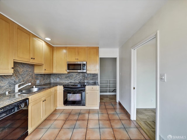 173 Warren Dr, San Francisco, CA 94131 - kitchen featuring black appliances, decorative backsplash, light brown cabinetry, light tile patterned floors, and dark countertops