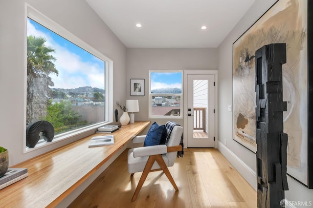 office space featuring built in desk, a wealth of natural light, and light wood-type flooring