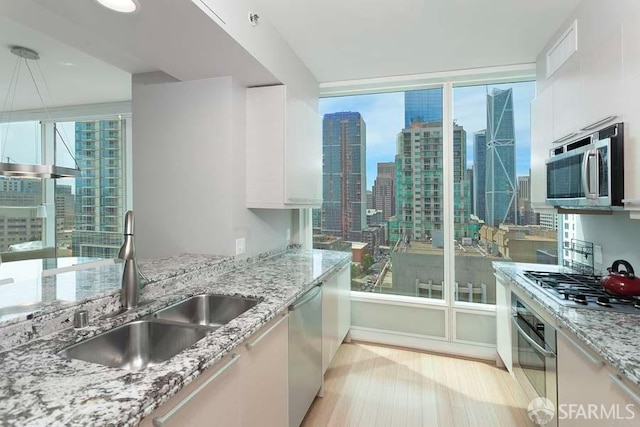 kitchen featuring appliances with stainless steel finishes, white cabinetry, sink, light stone counters, and light wood-type flooring