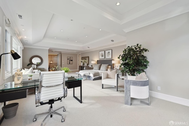 bedroom featuring light colored carpet, a raised ceiling, and ornamental molding