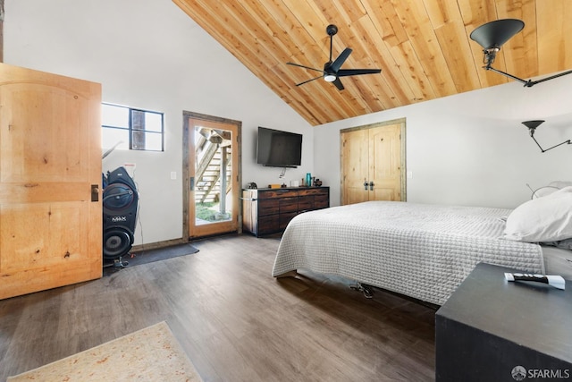 bedroom featuring high vaulted ceiling, wood finished floors, a ceiling fan, wood ceiling, and access to exterior