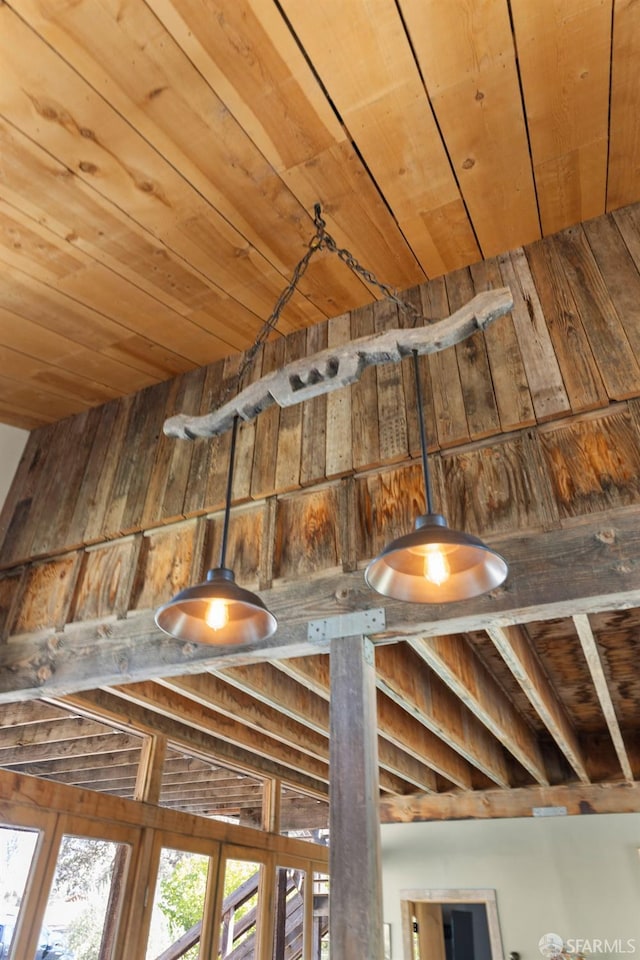 details with wooden walls and wooden ceiling