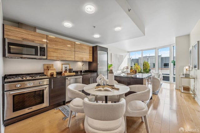 kitchen featuring sink, a wall of windows, stainless steel appliances, and light hardwood / wood-style flooring