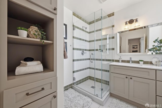 bathroom featuring a shower stall and vanity