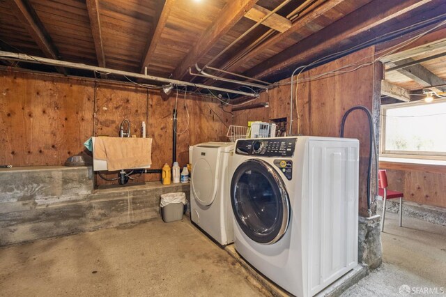 108 Laidley St, San Francisco, CA 94131 - washroom with washing machine and dryer and wooden walls