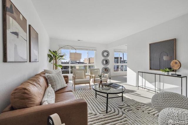 living room featuring light carpet