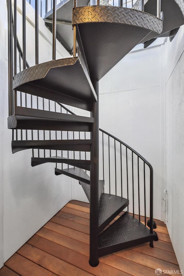 staircase with hardwood / wood-style flooring