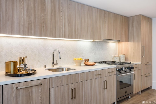 1288 Howard St Unit 101, San Francisco, CA 94103 - kitchen featuring stainless steel stove, light brown cabinetry, and modern cabinets