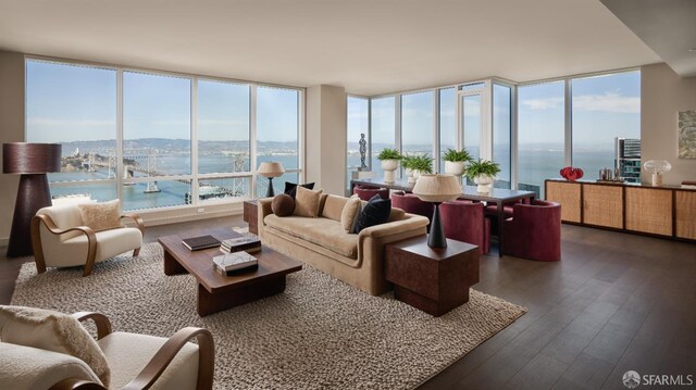 488 Folsom St Unit 5501, San Francisco, CA 94105 - living room featuring a water view, wood-type flooring, and a wall of windows