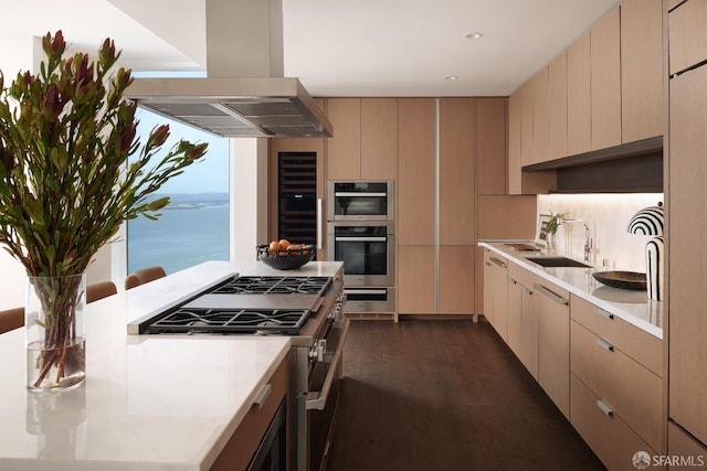 488 Folsom St Unit 5501, San Francisco, CA 94105 - kitchen with island range hood, appliances with stainless steel finishes, light countertops, dark wood-style flooring, and a sink