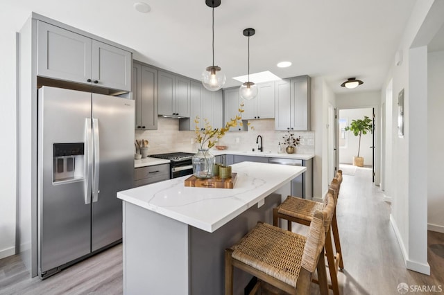 363 Prague St, San Francisco, CA 94112 - kitchen with appliances with stainless steel finishes, gray cabinets, light wood-style flooring, and recessed lighting