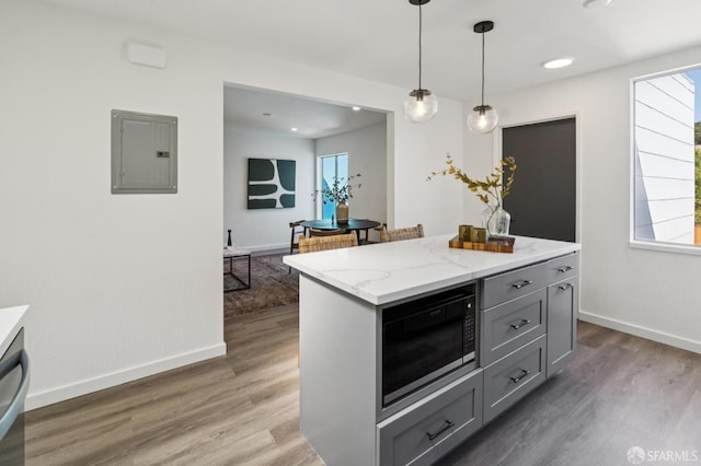 363 Prague St, San Francisco, CA 94112 - kitchen with stainless steel microwave, electric panel, gray cabinetry, and healthy amount of natural light