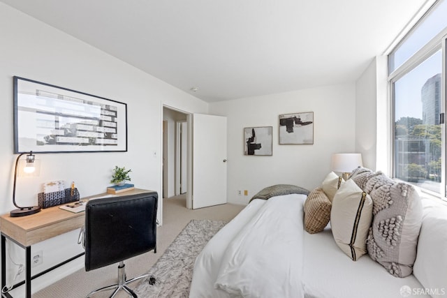 bedroom with light colored carpet