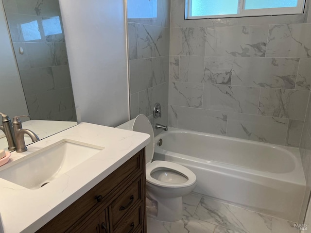 bathroom with toilet, marble finish floor, vanity, and shower / bathing tub combination