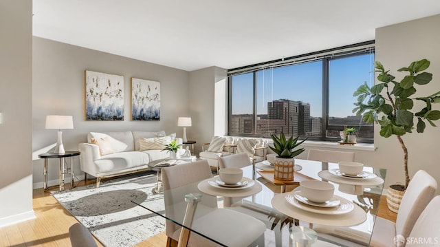 dining area featuring baseboards, wood finished floors, and a city view