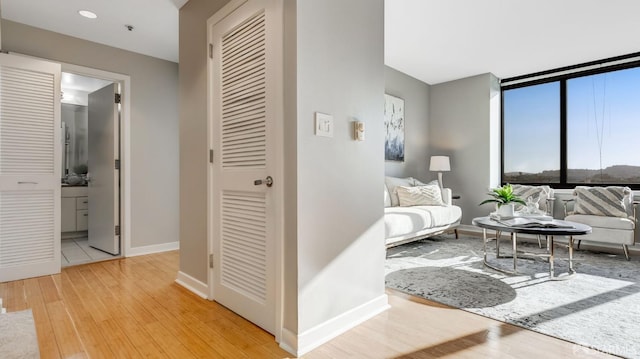 interior space with light wood-style floors, expansive windows, and baseboards