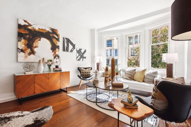 living room with baseboards and wood finished floors