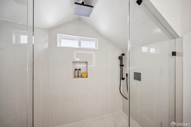 102 Baker St Unit A, San Francisco, CA 94117 - full bathroom with a tile shower and vaulted ceiling