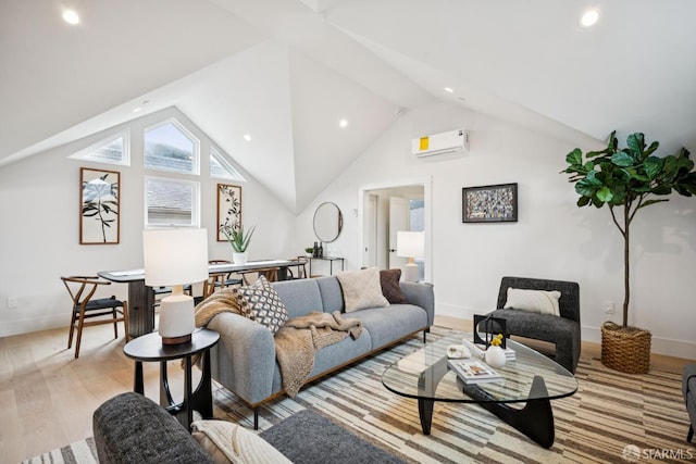 102 Baker St Unit A, San Francisco, CA 94117 - living area with light wood-type flooring, recessed lighting, a wall mounted AC, and lofted ceiling