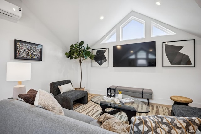 102 Baker St Unit A, San Francisco, CA 94117 - living area featuring a wall mounted AC, wood finished floors, plenty of natural light, lofted ceiling, and recessed lighting