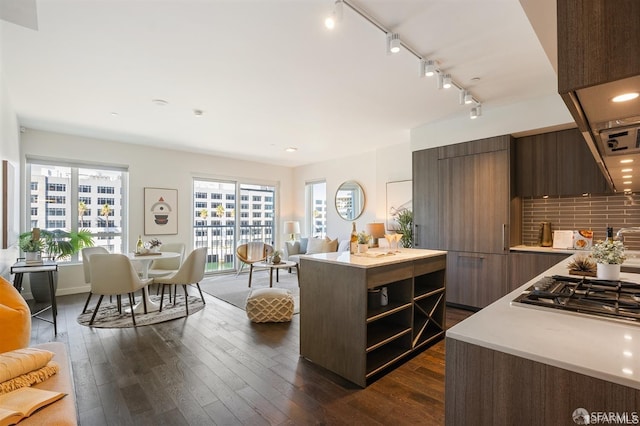 kitchen featuring modern cabinets, dark wood-style flooring, open floor plan, and light countertops