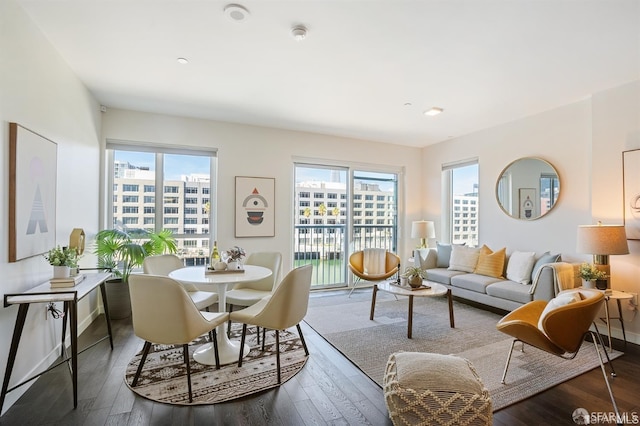 living room featuring a wealth of natural light, baseboards, and hardwood / wood-style floors