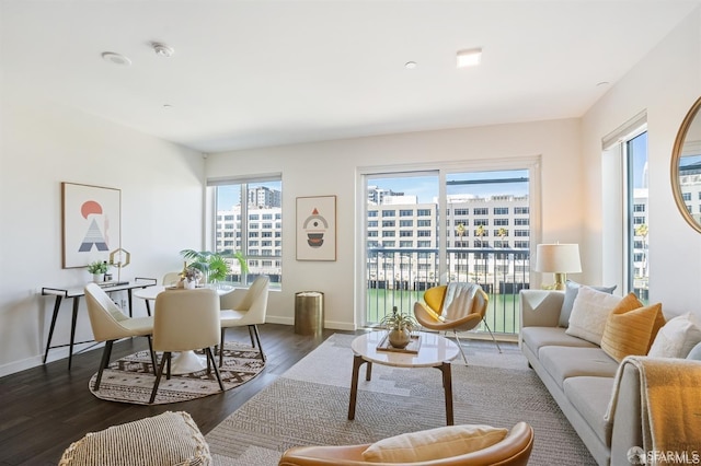 living area featuring a view of city, baseboards, and wood finished floors