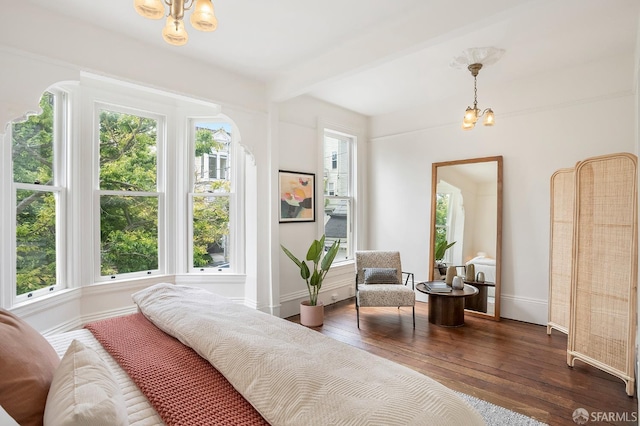 1908 Buchanan St, San Francisco, CA 94115 - bedroom featuring a chandelier, multiple windows, and beamed ceiling