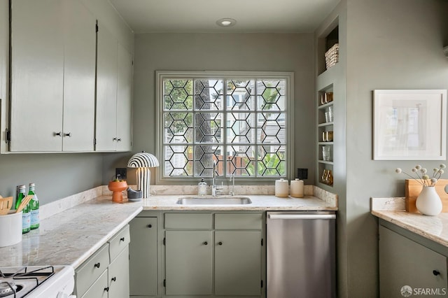 1908 Buchanan St, San Francisco, CA 94115 - kitchen featuring dishwasher, healthy amount of natural light, white range with gas stovetop, and light stone countertops