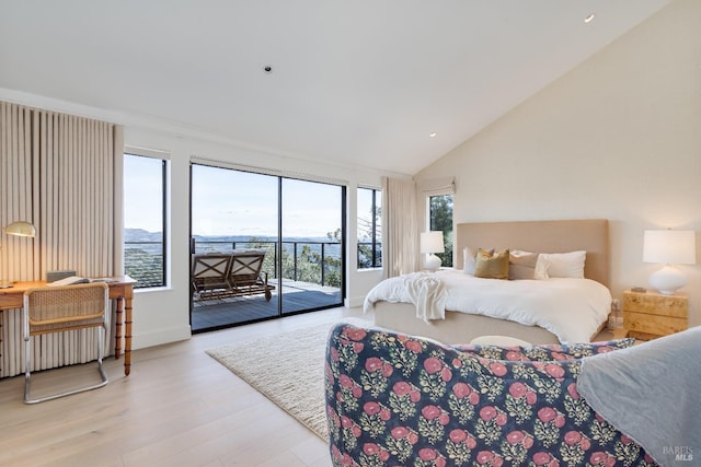 bedroom featuring access to outside, recessed lighting, light wood-style flooring, radiator, and lofted ceiling