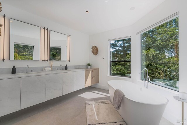 bathroom with a freestanding tub and vanity