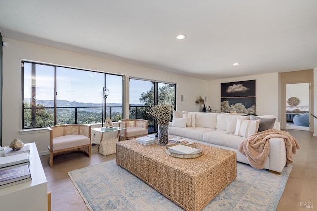 living area featuring light wood-style flooring, a mountain view, and recessed lighting