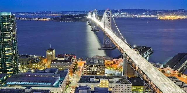 aerial view with a water view and a view of city lights