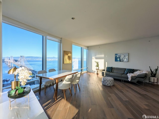 dining room featuring a wall of windows, hardwood / wood-style flooring, and a water and mountain view