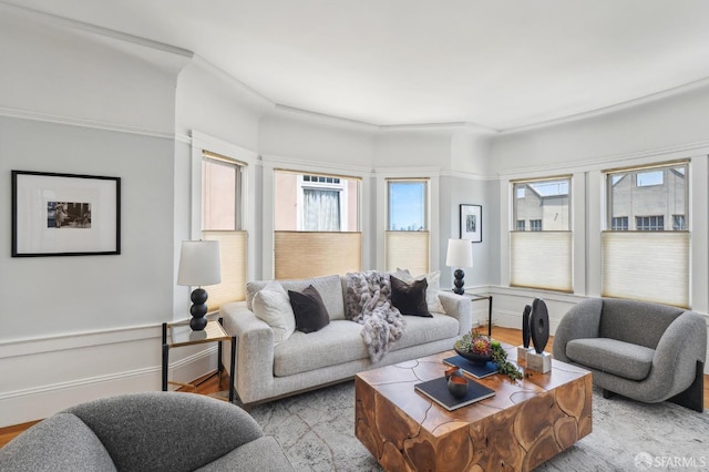 living room featuring wood finished floors and wainscoting