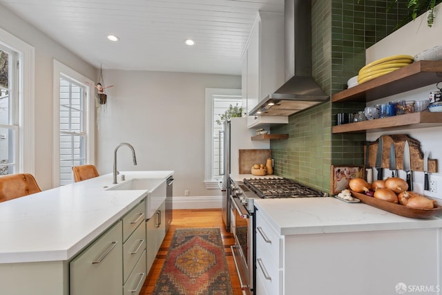 719-721 Shotwell St, San Francisco, CA 94110 - kitchen with wall chimney range hood, stainless steel appliances, a sink, open shelves, and wood finished floors