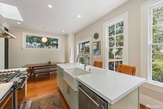 719-721 Shotwell St, San Francisco, CA 94110 - kitchen featuring stainless steel appliances, light wood-type flooring, a sink, plenty of natural light, and recessed lighting