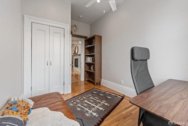 719-721 Shotwell St, San Francisco, CA 94110 - home office featuring baseboards, wood finished floors, and ceiling fan