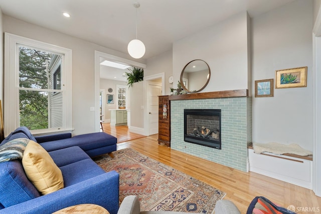 719-721 Shotwell St, San Francisco, CA 94110 - living area with wood finished floors, a fireplace, and recessed lighting